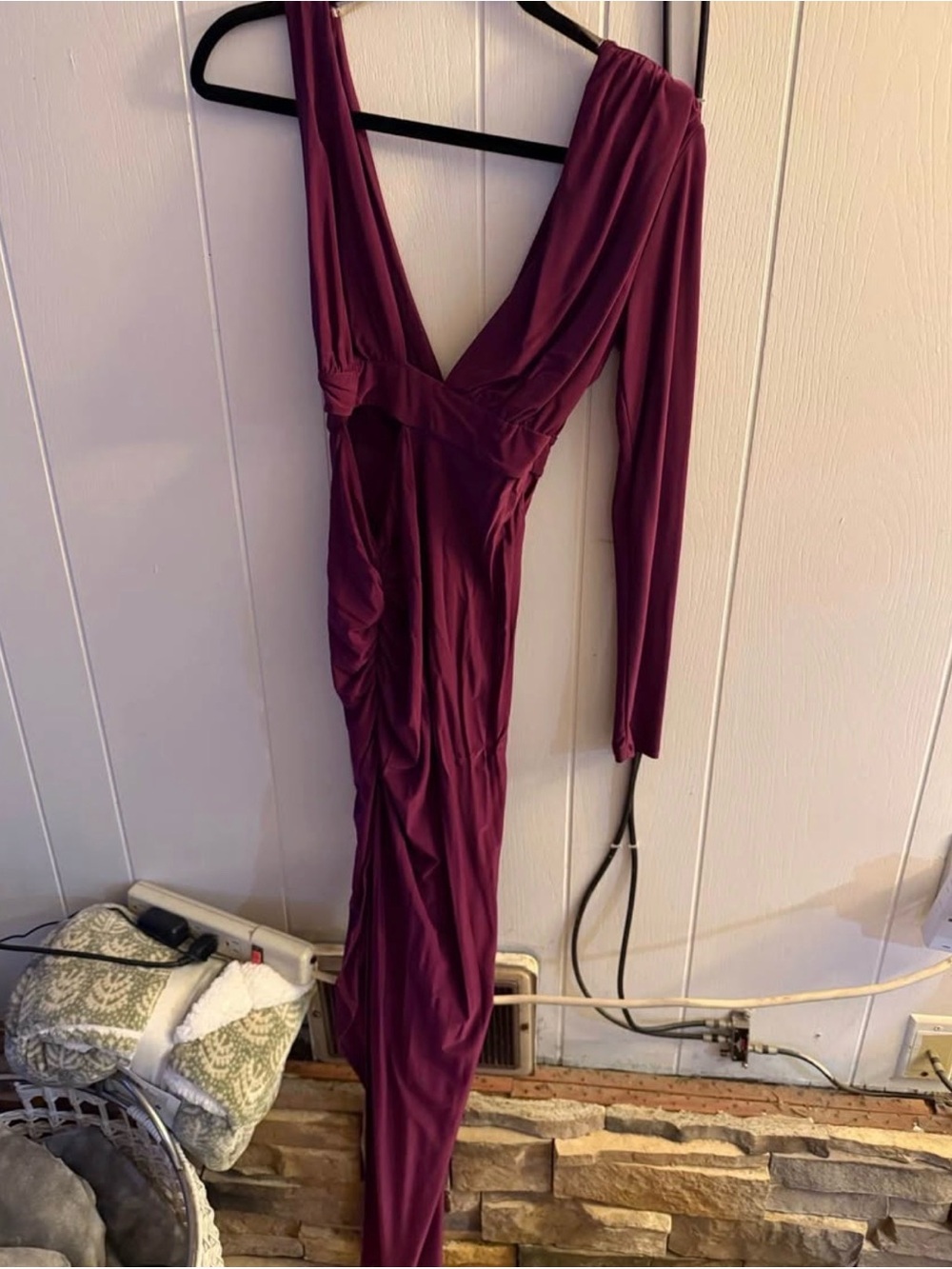 Plunging One-Shoulder Ruched Maxi Dress in Plum